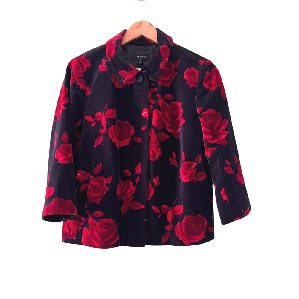 Talbots Black Red Floral Velvet Jacket Size 8 Roses Hidden Buttons Holid…